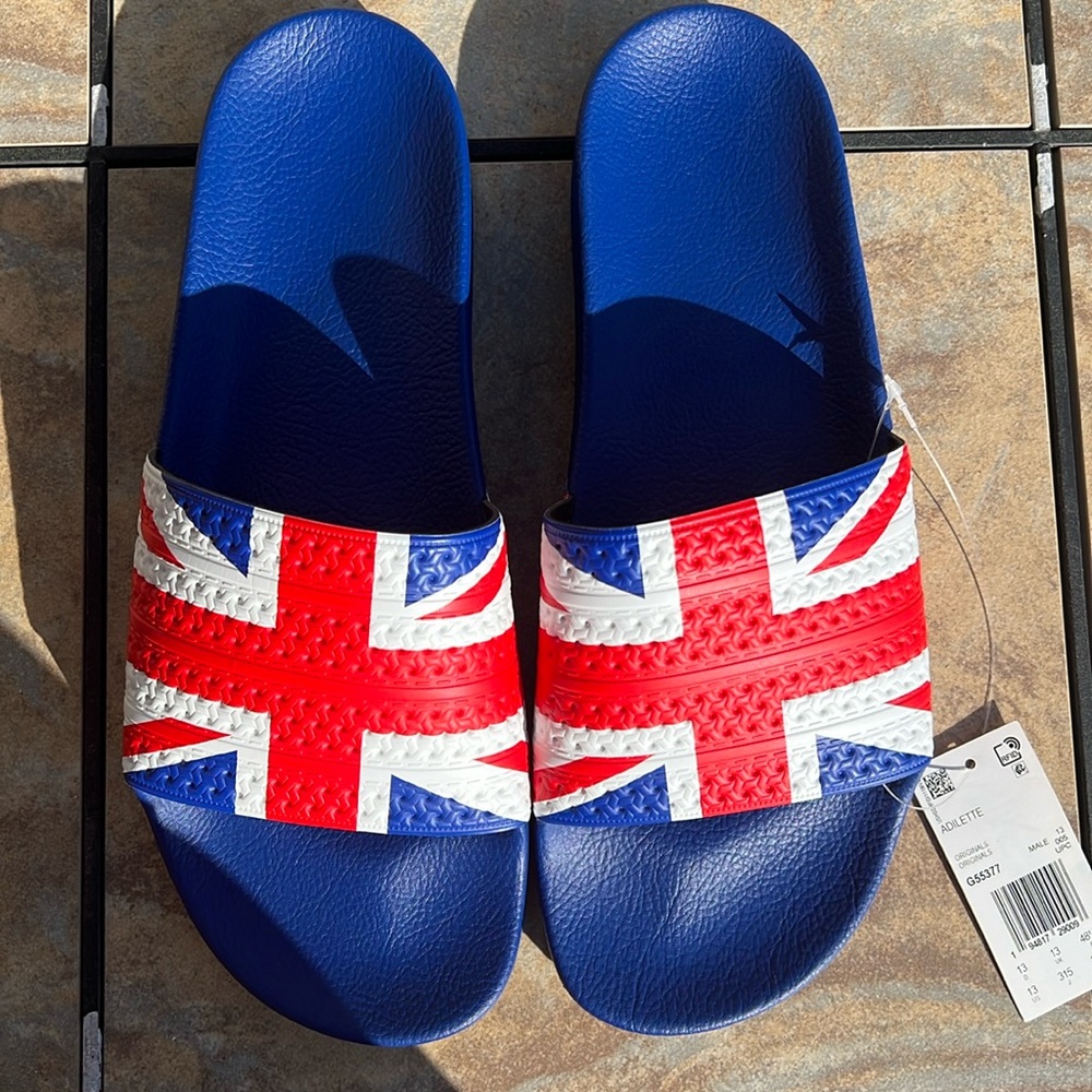 DS Men’s Union Jack flag Adidas Adilette size 13